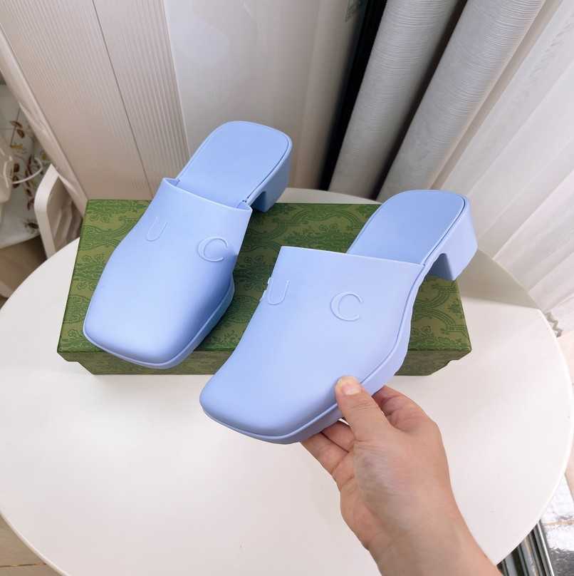 

5.5CM Mid Block Heels Closed Toe Sandals Double G Designer Slippers Chunky Heel Rubber Slides Jelly Mules Pumps Thick Bottom Alphabet Loafer Plastic Square Flip Flops, Hggub5