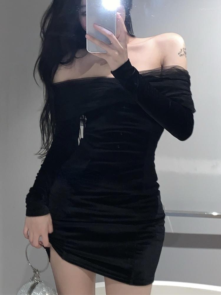 

Casual Dresses 2023 Spring Black Velvet Dress Female Lace Slim Sexy Y2k Mini Party Women French Elegant One Piece Korean Fashion
