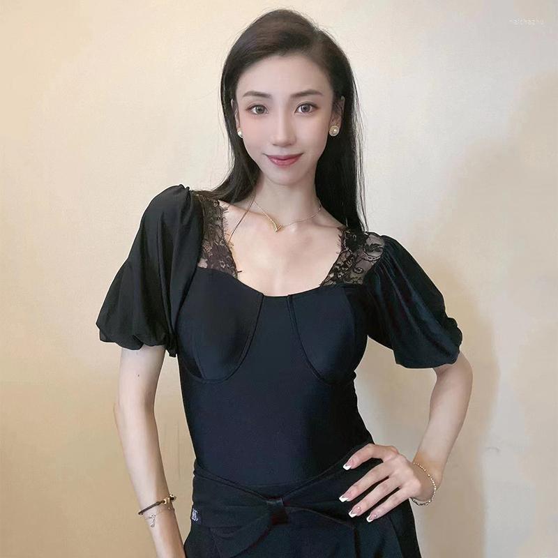 

Stage Wear 2023 Ballroom Dance Clothes Short Sleeves Black Tops Women Latin Costume Rumba Practice Clothing Dancing Bodysuit DNV17870, Only tops