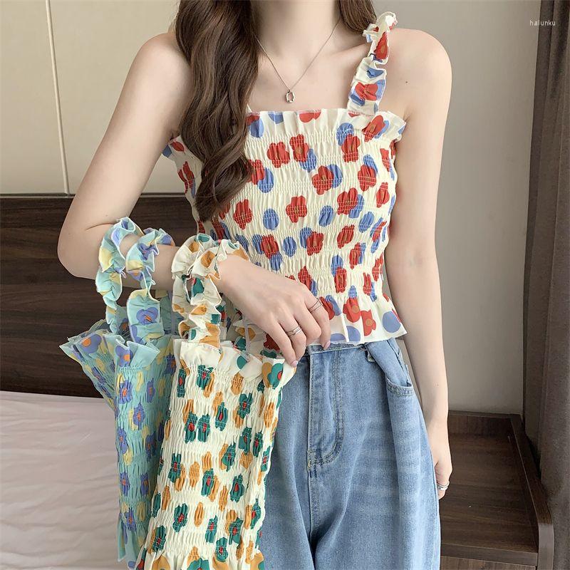 

Women's Tanks Hikigawa Chic Fashion Women Korean Slim Ruffled Floral Print All Match Camisole Streetwear Casual Spring Crop Tops Ropa Mujer, Green flower