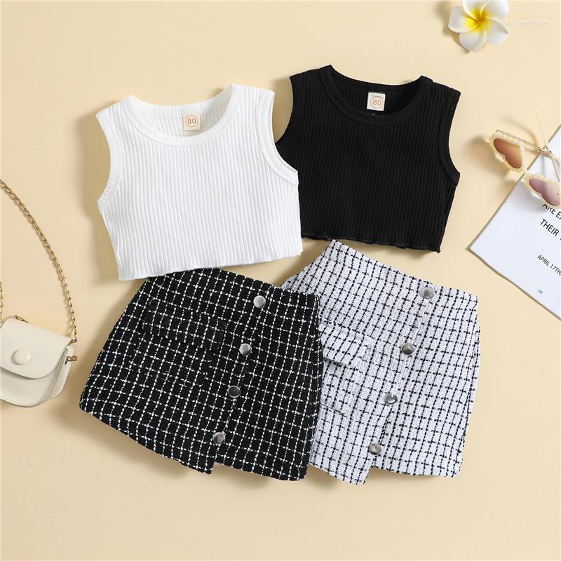 

Clothing Sets Summer Toddler Girls Solid Color Sleeveless Ribbed Vest Irregular Button Skirt Baby Clothes Children Kids Outfits, White