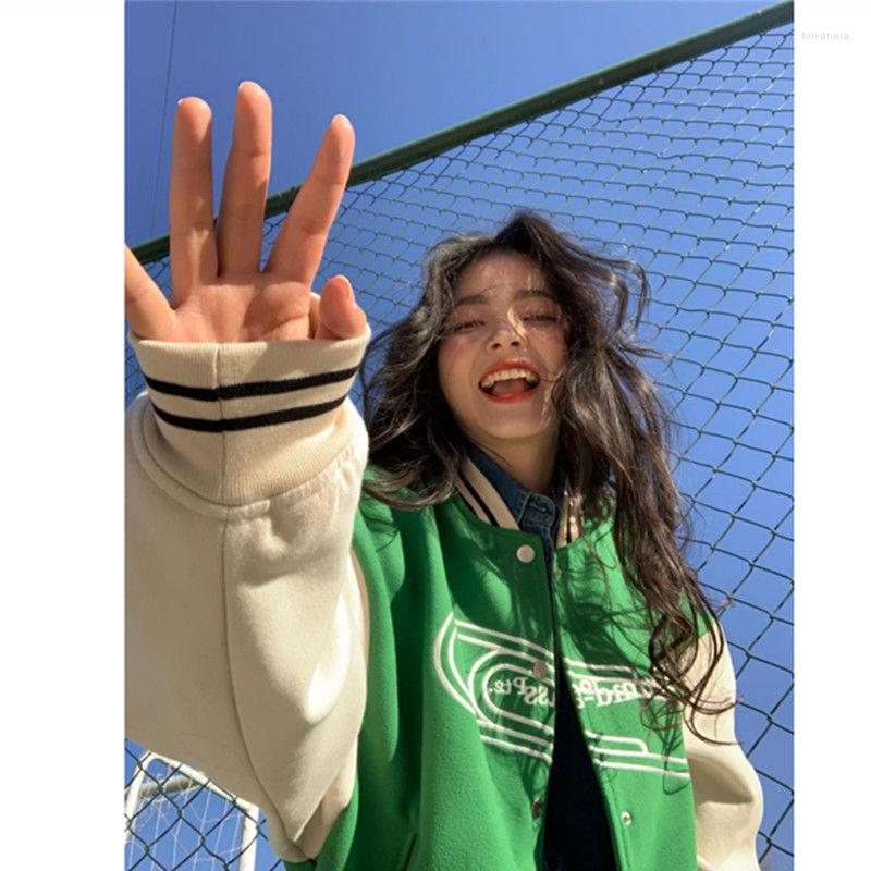 

Women's Jackets 2023 Spring Letter Embroidery Baseball Jacket Color Block Vintage Harajuku Oversized V-Neck Coats Streetwear Ins, Green