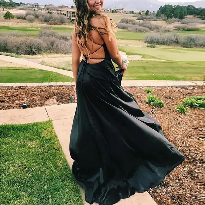 

Casual Dresses Prom Long Women Elegant Halter Backless Dress Crisn Satin Spaghetti Party Side Slit Wedding Evening, Rd