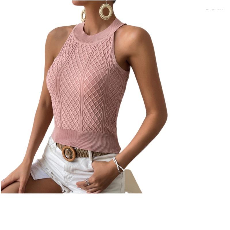

Women' Tanks 2023 European And American Summer Women' Fried Dough Twists Pattern Off Shoulder Slim Vest Knitted Top, Black