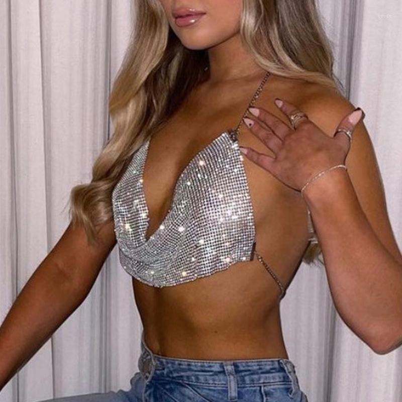 

Women's Tanks Sexy Clubwear Shiny Rhinestone Top Metal Chain Halter Backless Glitter Diamonds Camisole Women Crop Tops Night Party Bralette, Silver