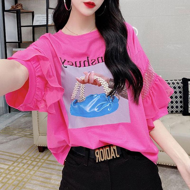 

Women's Blouses Summer Fashion Ruffles Spliced Shirt Women's Clothing Casual Hollow Out Diamonds Commute Korean Printed Beading O-Neck, Rose red