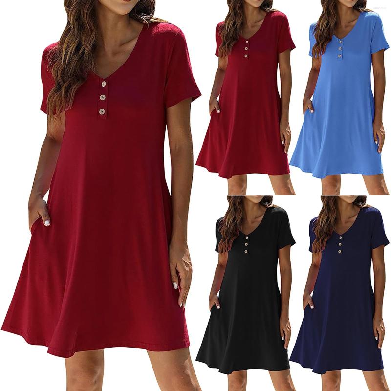 

Casual Dresses Women's Solid V Neck Button Fashion Pocket Swing Dress, Navy