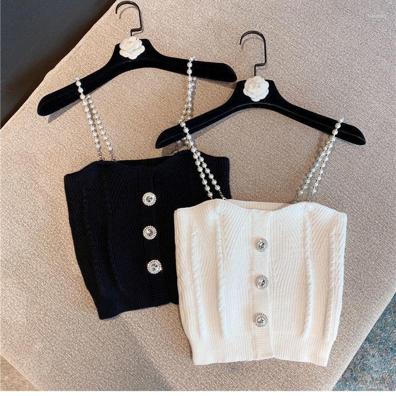 

Women's Tanks Spring/summer Korean Version Sweet And Versatile Rhinestone Buckle Cropped Knitted Camisole Vest Fashion Tank Top Crop Tops, Black