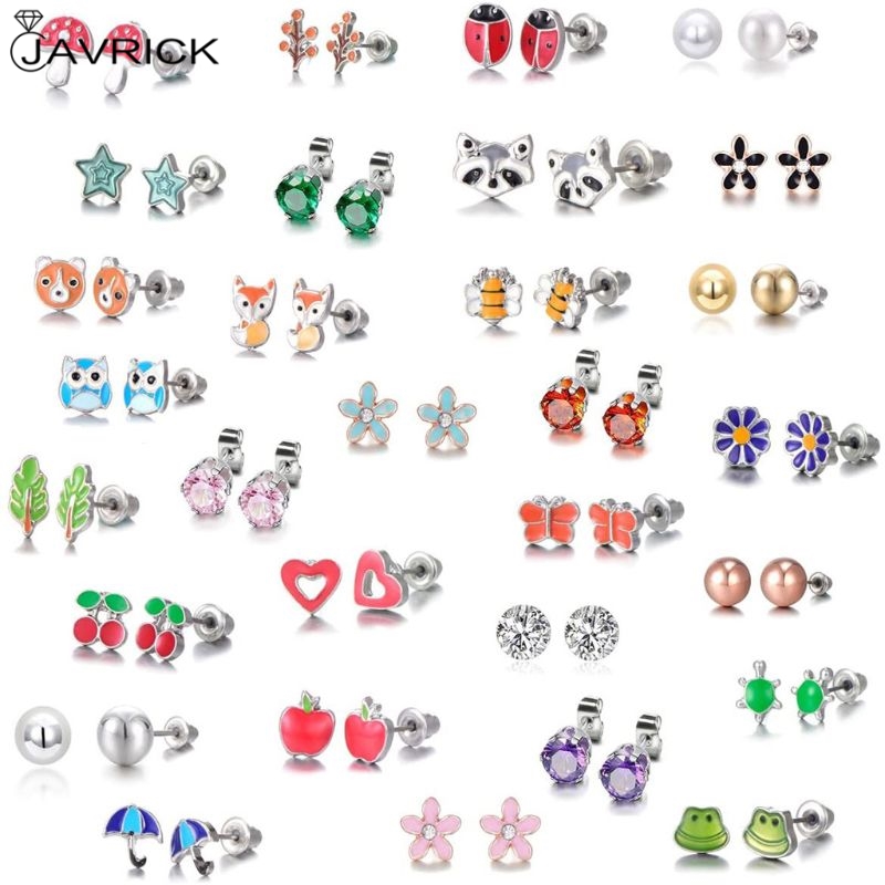 

30 Pairs Stainless Steel Mixed Animals Heart Star Ladybug Frog Mushroom Tree Daisy Umbrella Stud Earrings Set Kids