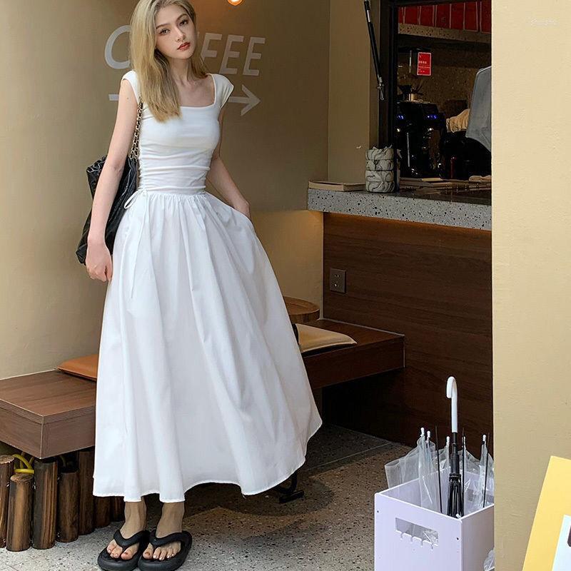 

Casual Dresses 2023 Summer Women Simple High Waist Lace-up Square Collar Stitching Knitted Long Dress, White