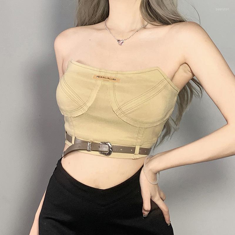 

Women' T Shirts Y2K Retro Khaki All-Match Tube Top Women Korean Fashion Mature Feminine Summer Cool Belt Design Wrap Chest Vest 90s