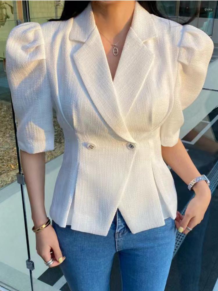

Women's Jackets Women Korean Double Breasted Tweed Short Jacket Slim Waist Solid Color Sleeve Coat 2023 Summer Tide Top M894, Ivory