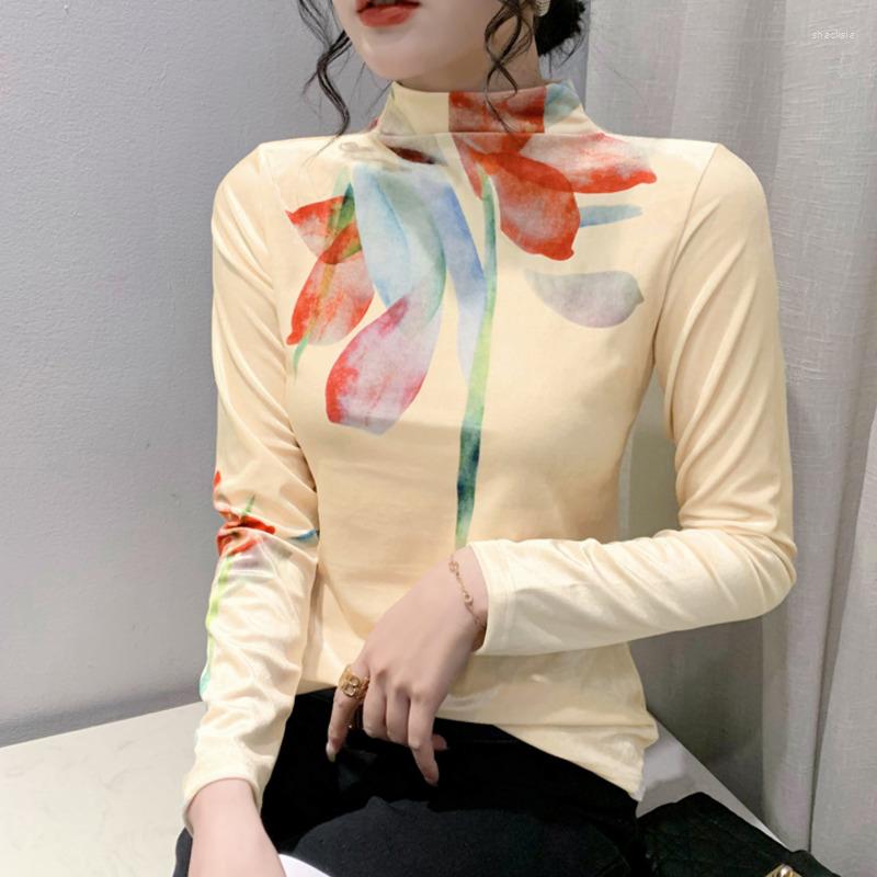 

Women's T Shirts #8362 Khaki Pleuche Shirt Women Long Sleeve Slim Printed Tee Femme Basic Tshirt Female Korean Fashion Women's T-shirt