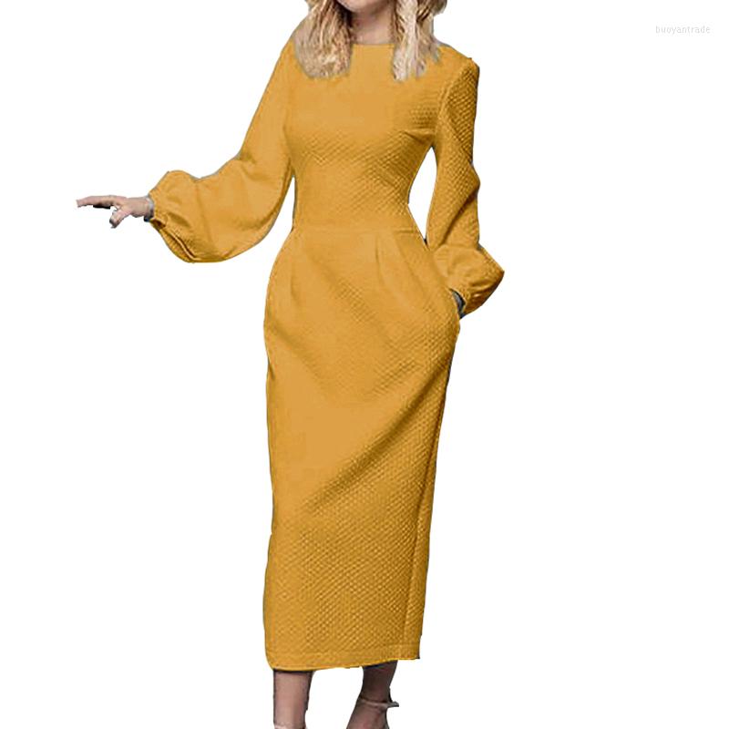 

Casual Dresses Vestidos Women Spring Autumn Female Dress 2023 Fashion Lantern Sleeve Solid Color Round Neck NBH518, White