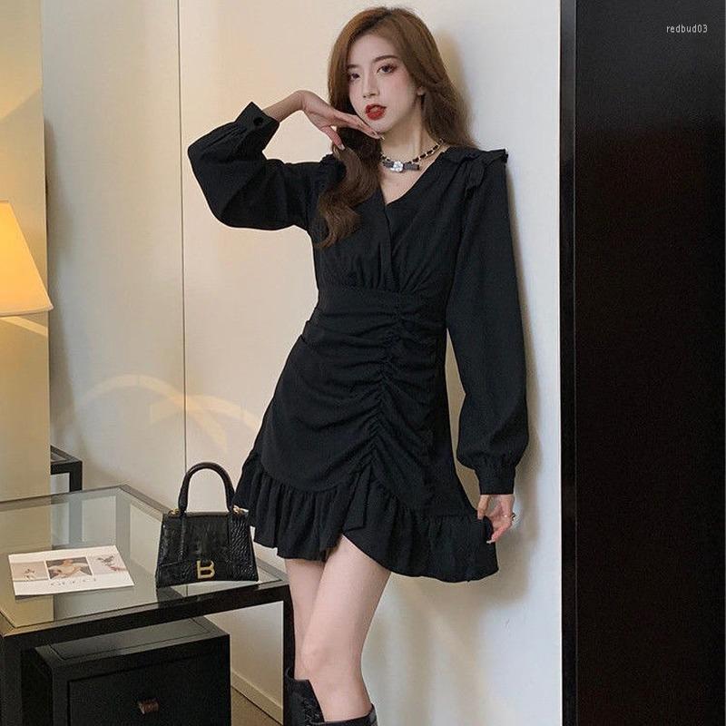 

Casual Dresses Summer Long Sleeve V Neck Mini For Women Girl Korean Fashion Black Sexy Dress Party Birthday Clothes High Waist Retro