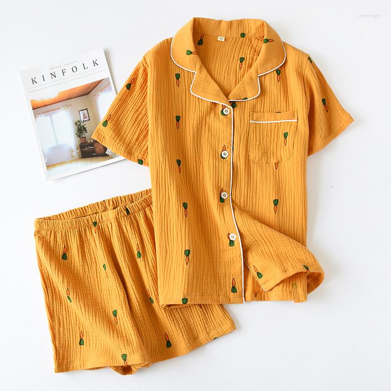 

Women's Sleepwear Ladies Pajamas 2pcs/set Summer Comfortable Cotton Gauze Lapel Suit Women Thin Loose Cartoon Carrot Printing Home Service