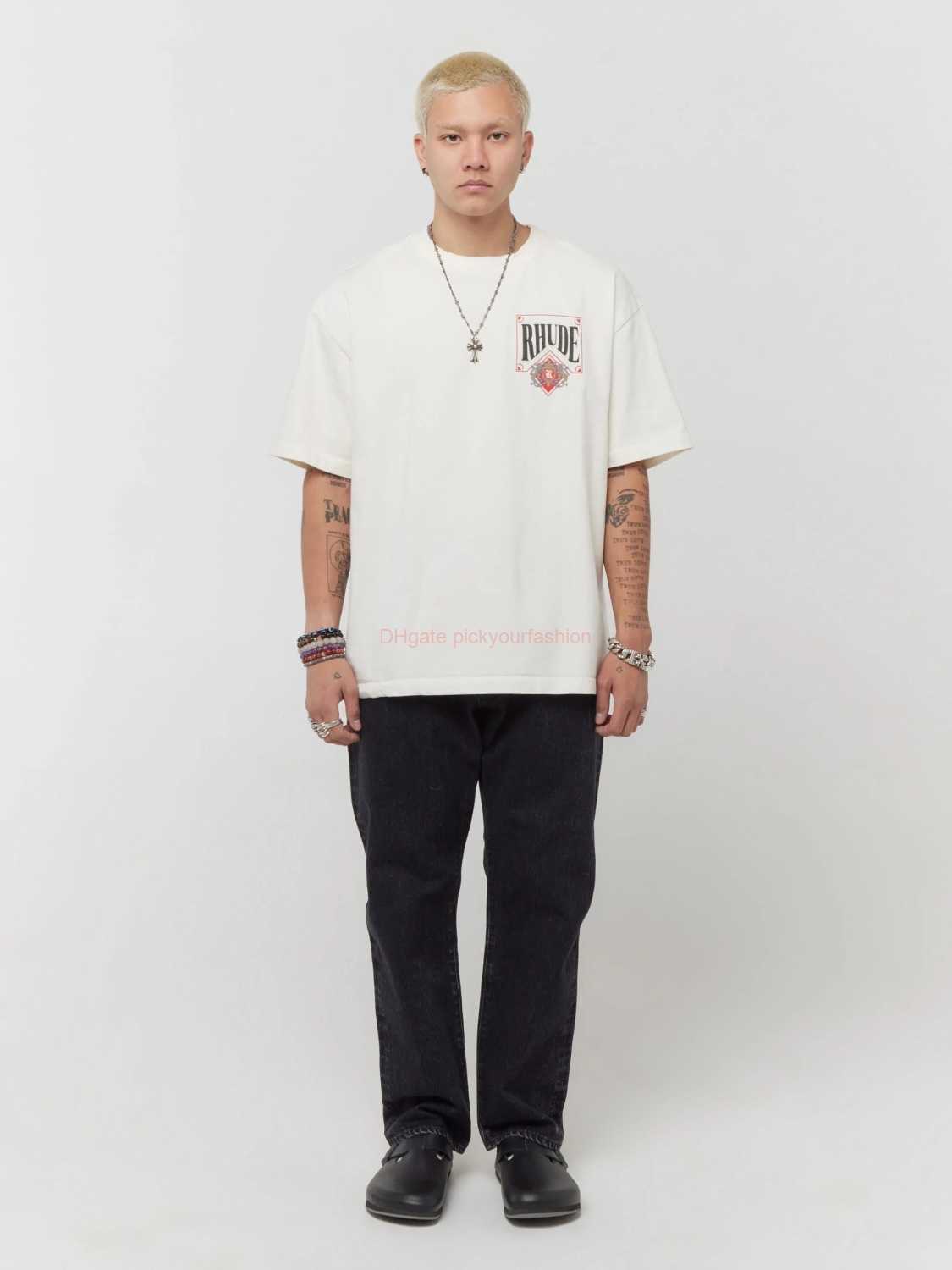 

Designer Fashion Clothing Tees Tshirt Ru232 Rhude Vintage Card Tee Card Printed Short Sleeve T-shirt Cotton Streetwear Tops Casual Sportswear Rock Hip hop for sale, White/ru232
