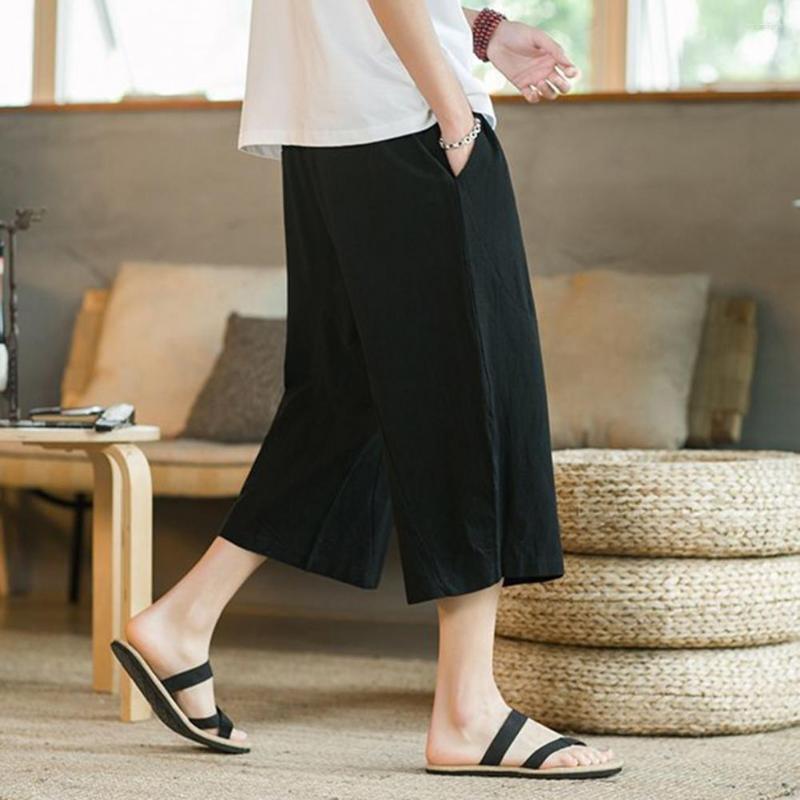 

Men's Pants Casual Soft Mid Waist Beach Cropped Pockets Men Clothes, Black