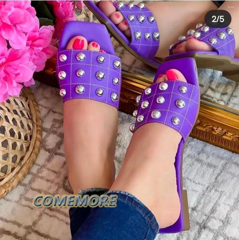 

Slippers Women's Flip Flops Summer 2023 Flat Solid Color Square Head Rivet Casual Sneaker Luxury Designer Comfort Beach Shoe, Pink