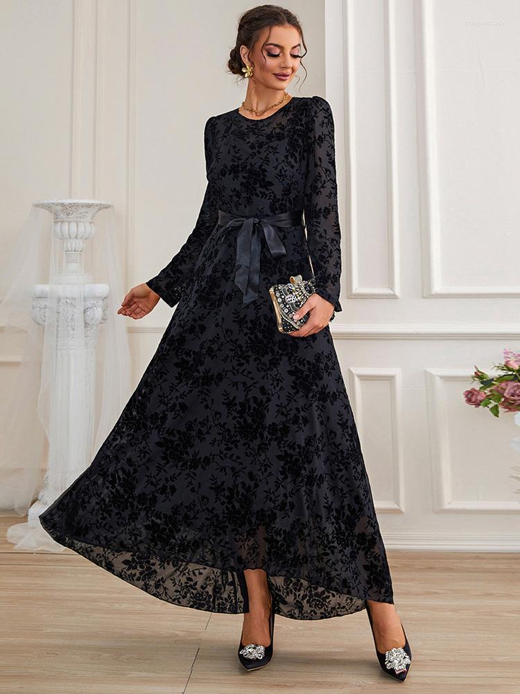 

Casual Dresses Women Elegant Maxi 2023 Spring Autumn Luxury Mesh Long Sleeve Belted Print Turkish Evening Party Robe Vestido, Black
