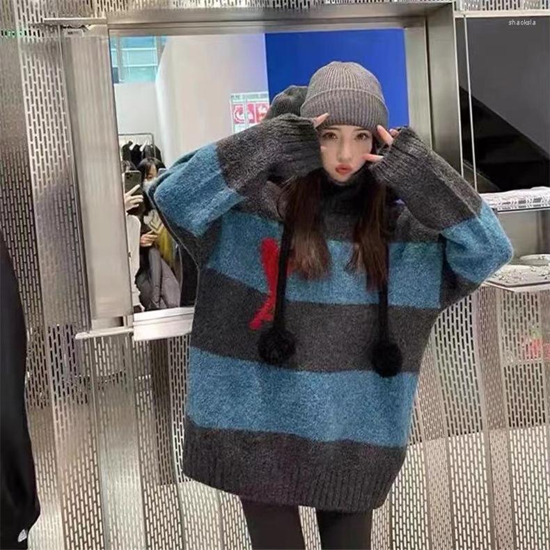 

Women's Sweaters Harajuku Sweater Korean Striped High Neck Loose Mid-length Love Women Fall/winter Pullover Lazy Knit Top, Blue