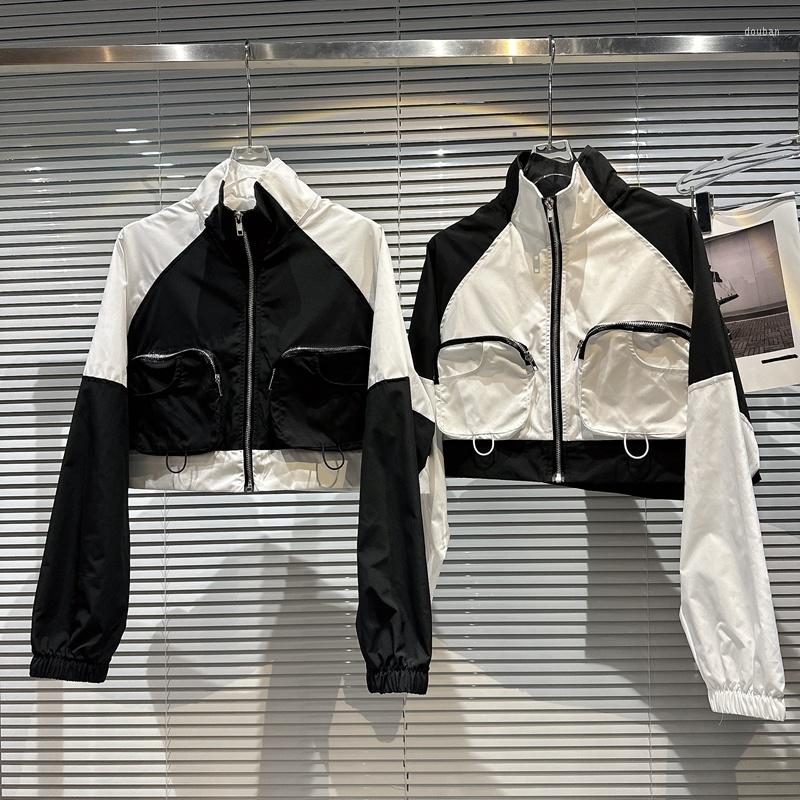 

Women's Jackets BORVEMAYS Contrasting Colors Zipper Coat Women 2023 Stand Collar Long Sleeve Loose Street All-match Jacket Fashion WZ1220, Black