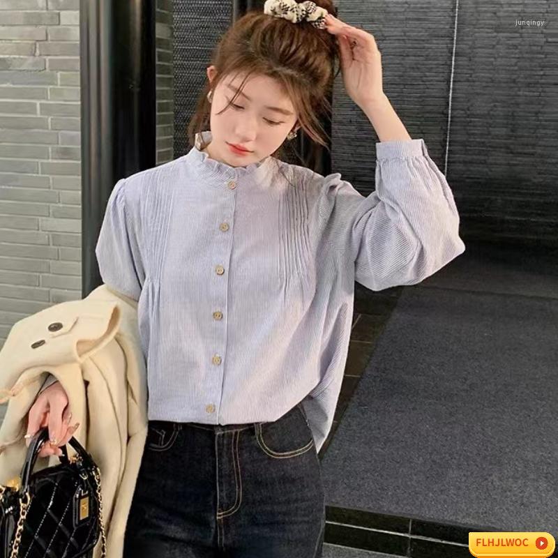 

Women' Blouses Chic Korea Tops Blusas Women 2023 Design Blue Striped Ruffles Japan Girls Preppy Style Retro Vintage Shirts