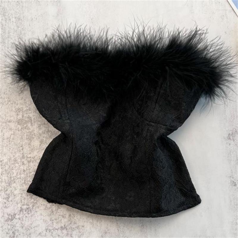 

Women's Tanks Sexy Patchwork Fur Tube Top Off-the-shoulder Slim Black Women's Short Vest