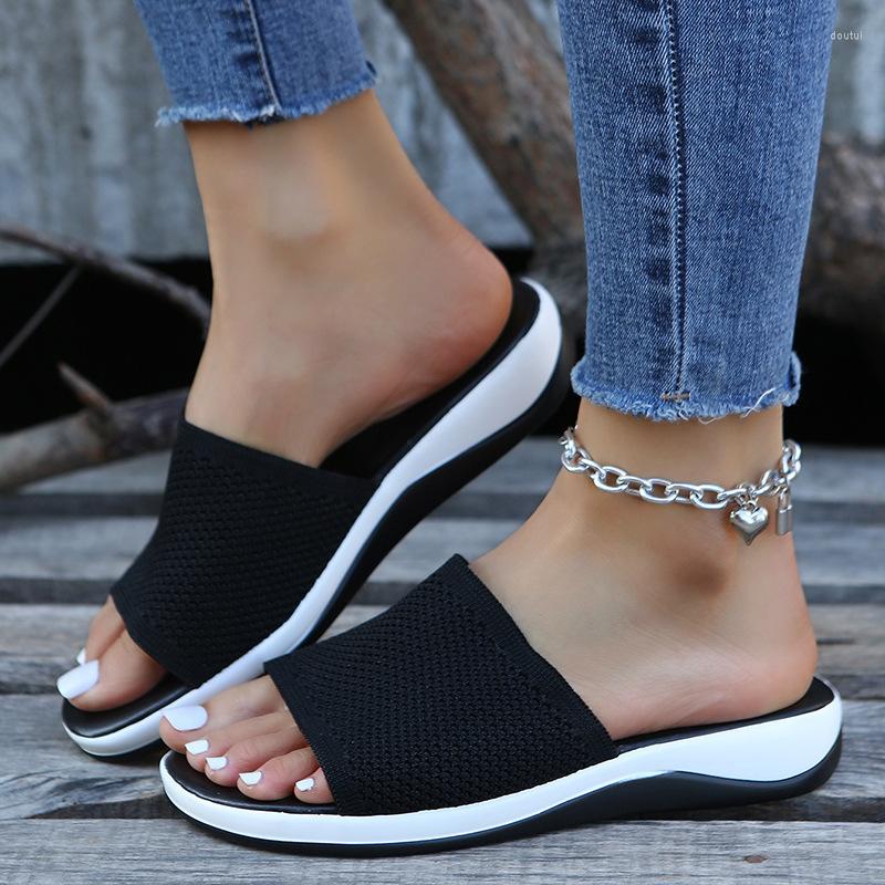

Slippers Large Size Women Slipper Wedge Heel Mesh Surface Thick Bottom Fish Beak Casual Outdoors Comfortable Shoes Chanclas Mujer, Black