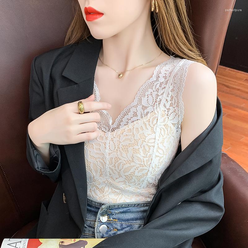 

Women's Tanks Tops Sexy V Neck Sleeveless Fashon Black White Lace Shirts Hollow Out Club Female Deep Summer