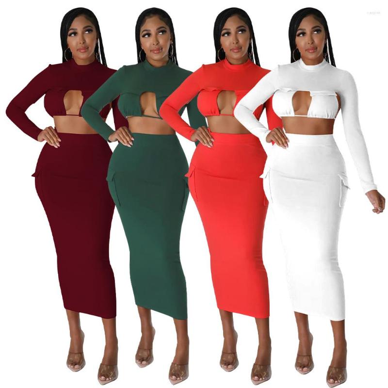 

Work Dresses SKMY Women 2023 Outfits Sexy Backless Lace-Up Hollow Out Long Sleeve Crop Top Skirt Suits Fashion Two Piece Set With Pockets, White