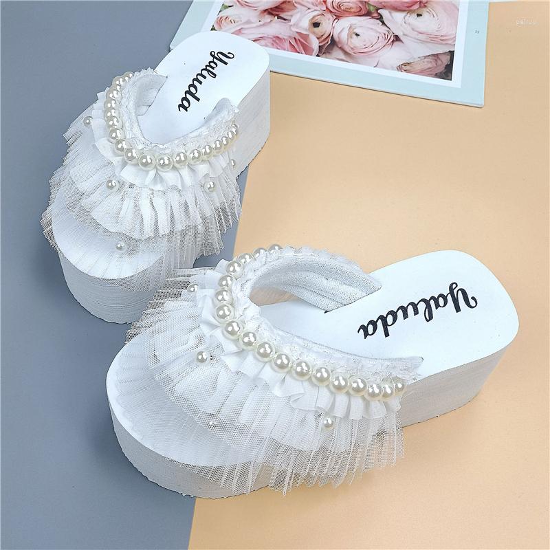 

Slippers Flip-flops Everything Fashion Pearl Lace Wedge Heels Thick Sole Heightening Clip Toe Sweet Seaside Holiday Women's, Black