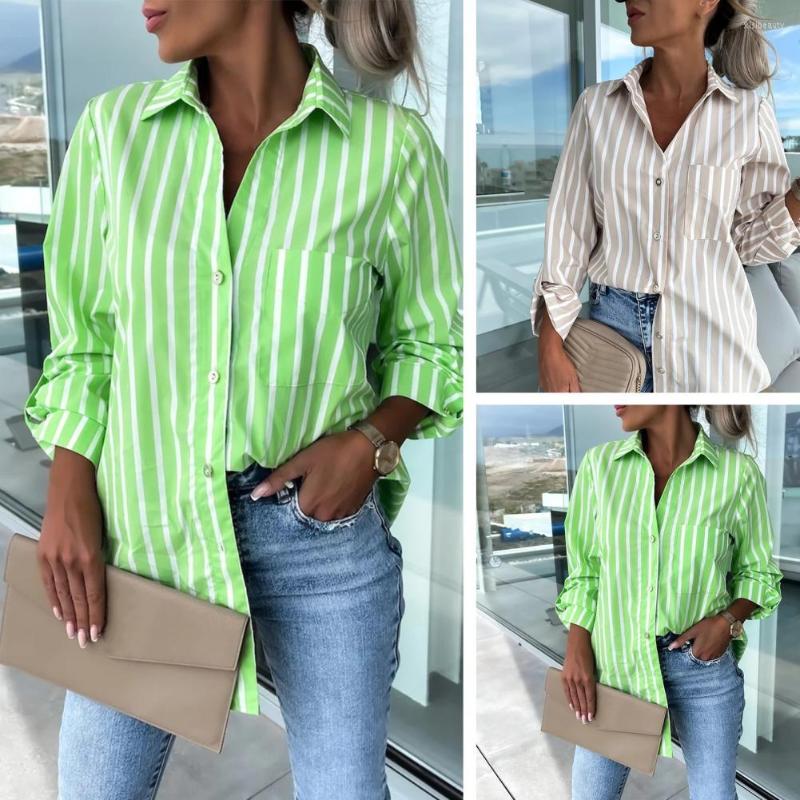 

Women' Blouses Summer Spring Women T Shirt 2023 Harajuku Commute Slim Striped Print Top Arrival Long Sleeve Button-up Blouse Blusa, Light green