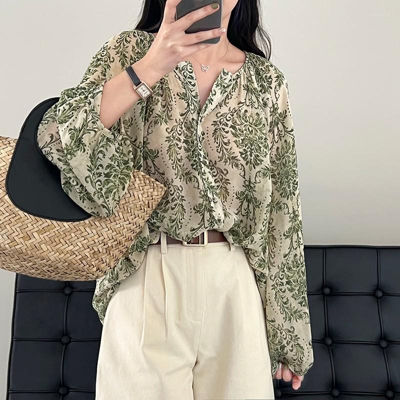 

Women's Blouses Green Floral Chiffon V-neck Top Women's 2023 Summer Thin Korean Style Lantern Sleeve Long-sleeved Sun Protection Loose