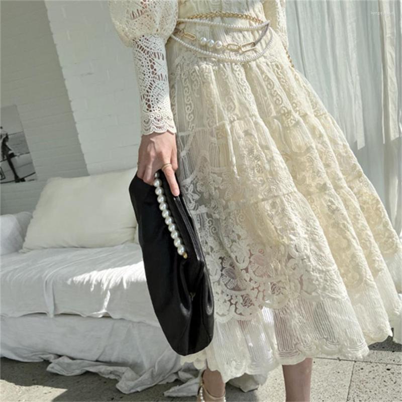 

Skirts Alien Kitty Lady Summer Maxi Embroidery Lace Women 2023 OL A-Line Stylish Casual High Waist All Match Prom Spring, Beige