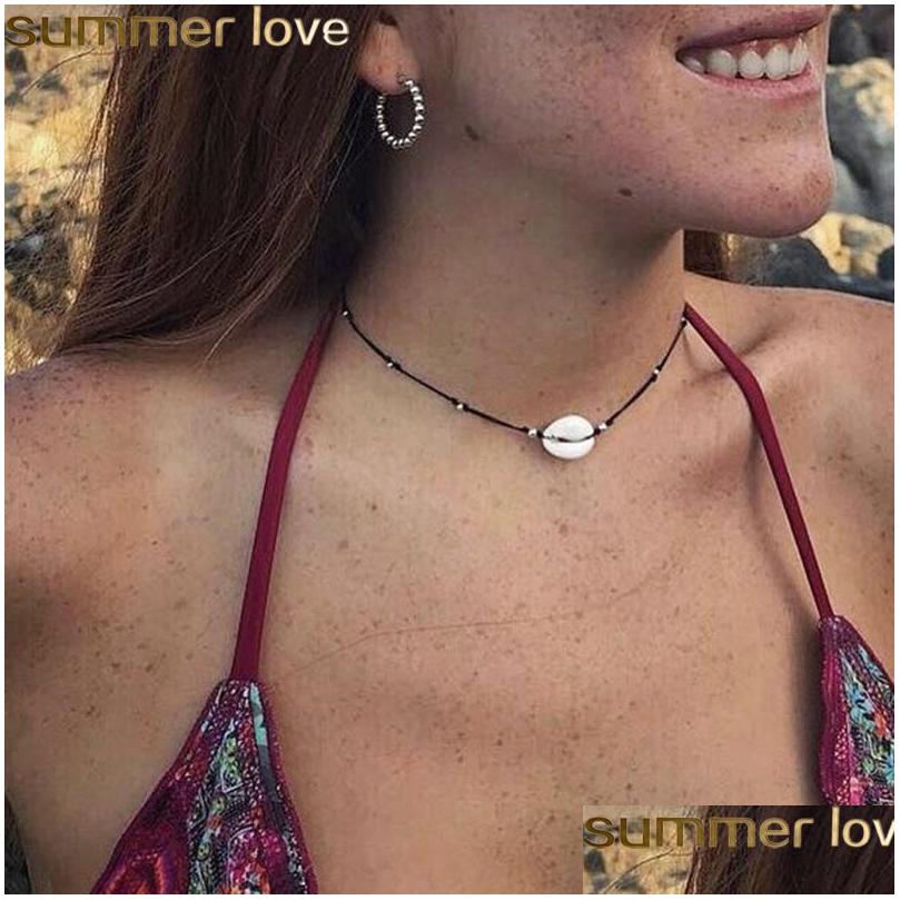 

Pendant Necklaces Bohemian Shell Choker Simple Black Rope Chain Woven Sier Color Beads Clavicle Necklace For Women Beach Drop Delive Dhuyd