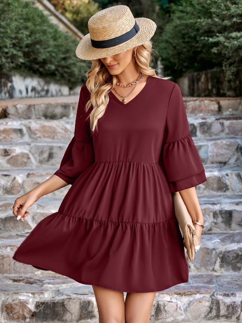 

Party Dresses Marwin 2023 Coming Summer Dress Half Flare Sleeve V-neck Fashion High Street Casual Solid Loose For Women Vestidos, Dark red