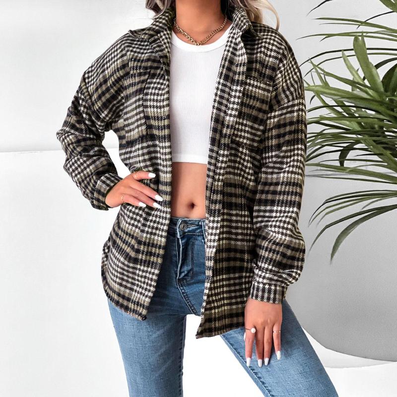

Women' Jackets Ladies Winter Coat Womens Long Sleeve Button Down Plaid Shirts Flannel Hooded Shacket Jacket Hoodie, Brown