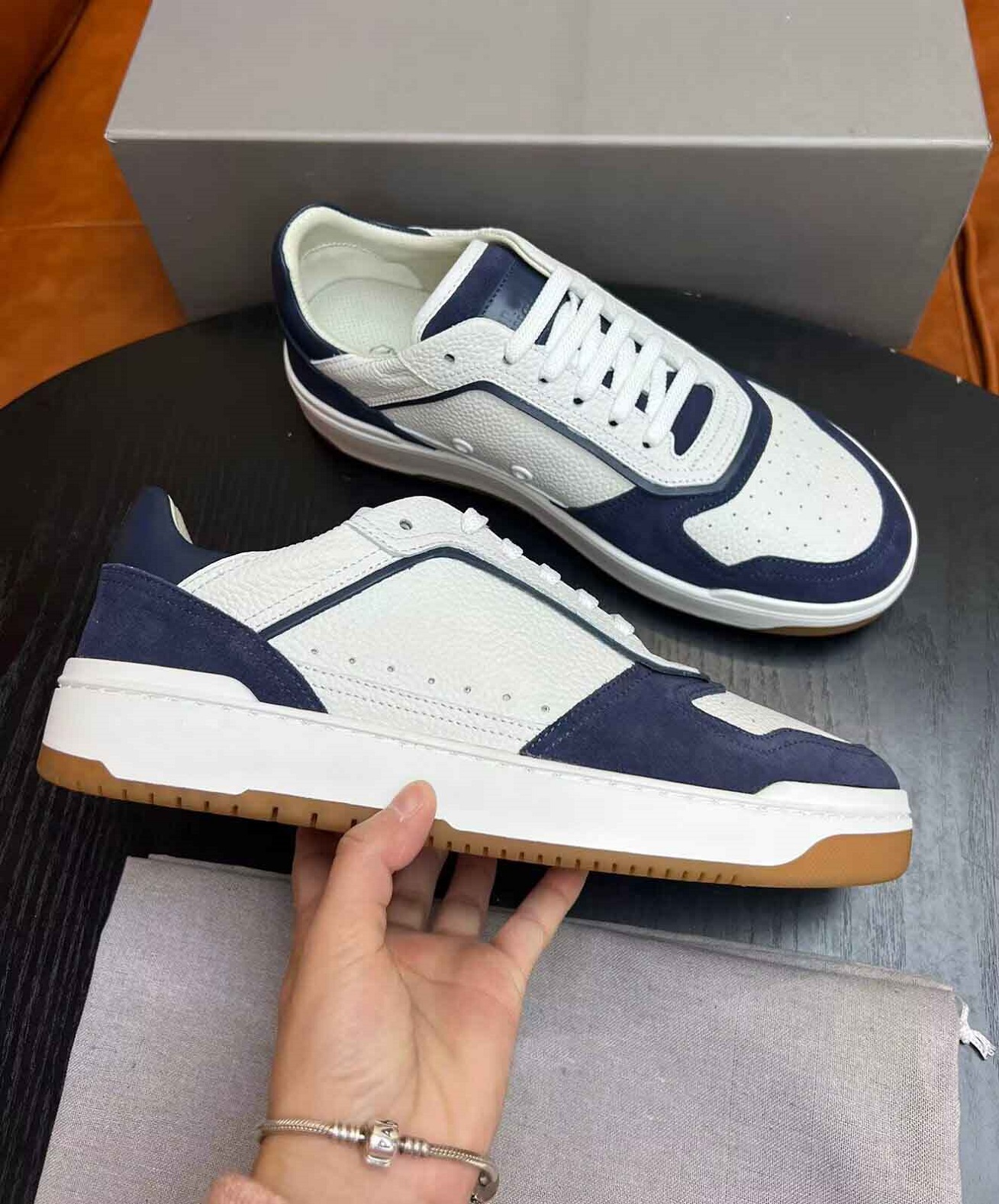 

Luxury Brunello&Cucinelli Sneakers Shoes Men Grained Calfskin Washed Suede Basket ComfortRubber Sole Oblique Skateboard Walking EU38-45 box