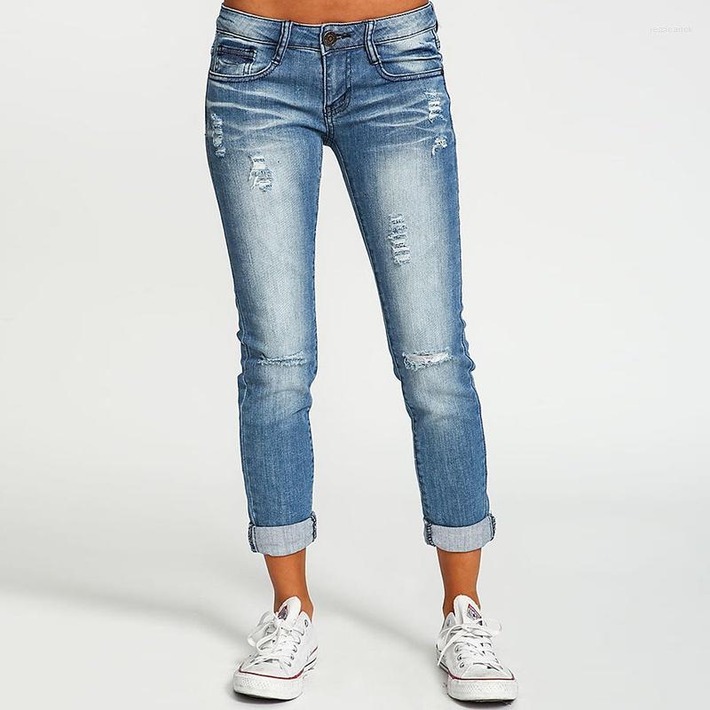 

Women' Jeans Apring Fashion Women Washed Skinny Mid Waist Casual Pants Denim Ripped Trousers, Dark blue