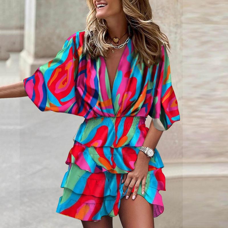 

Casual Dresses 2023 Summer Irregular Ruffles Mini Dress For Women Fashion Print Bohemia Style Sundress Female Bat Sleeve Beach, Green