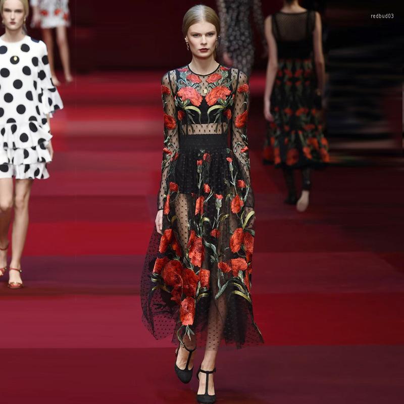 

Casual Dresses Vintage Black Floral Embroidery Mesh Summer Dress Women 2023 Runway Designers Elegant O-neck Long Sleeve Pleated Maxi