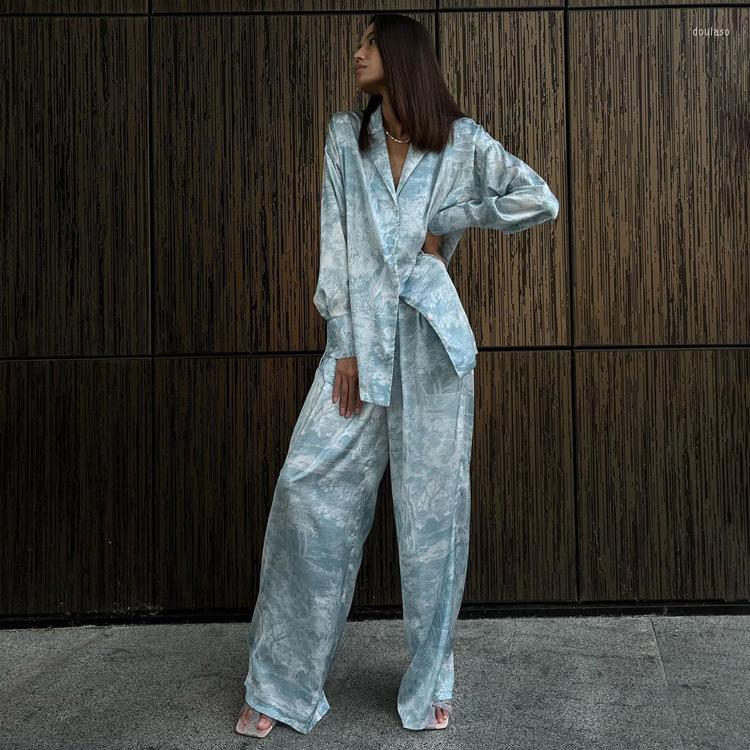 

Women' Two Piece Pants 2023 Early Autumn Women Wear Fashion Suit Lace Printing Shirt Draping Wide Leg Trousers Two-Piece Casual, Sky blue