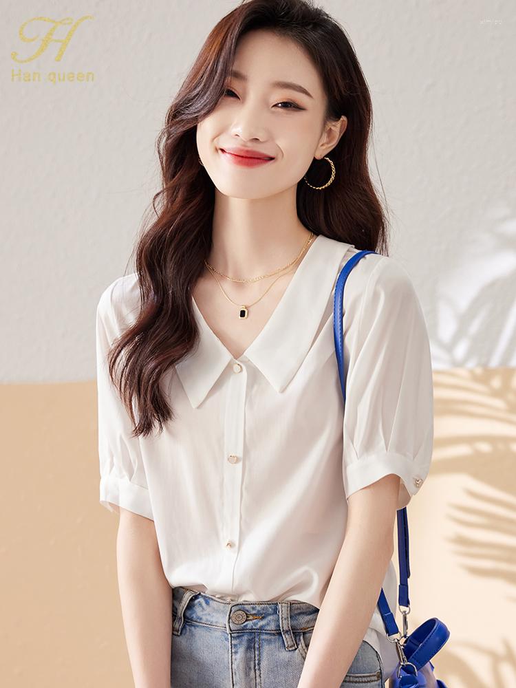 

Women' Blouses H Han Queen 2023 Summer Tops Simple Office Blouse Female Shirt Short Sleeve Casual Korean Fashion Chic White Loose Women
