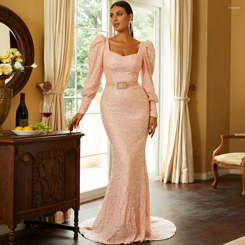

Casual Dresses Women Spring Sexy Square Collar Long Sleeve Sparkly Sequins Luxury Maxi Evening Party Dress Gown Pink Black Blue