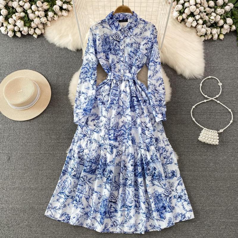 

Casual Dresses VANOVICH Vintage Temperament Long Sleeve Polo Collar Belt Waist Slim Printed Dress Elegant Single Breasted A-line, Blue