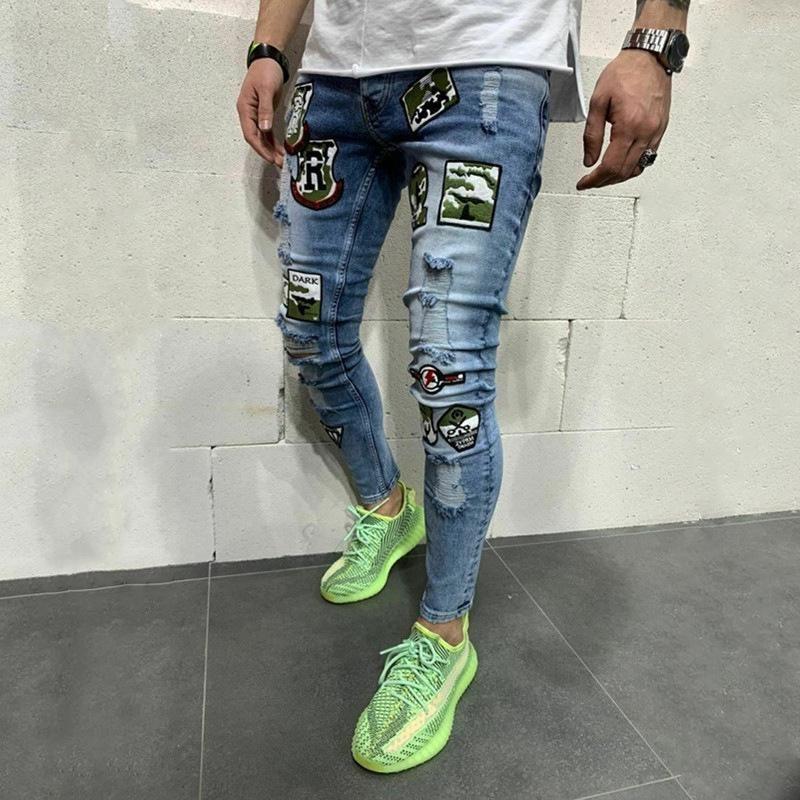 

Men's Jeans Fashion Street Clothing Spring Autumn Patchwork Slim Casual Youth Hip Hop Stretch Denim Pants Ripped Skinny Trousers, Blue