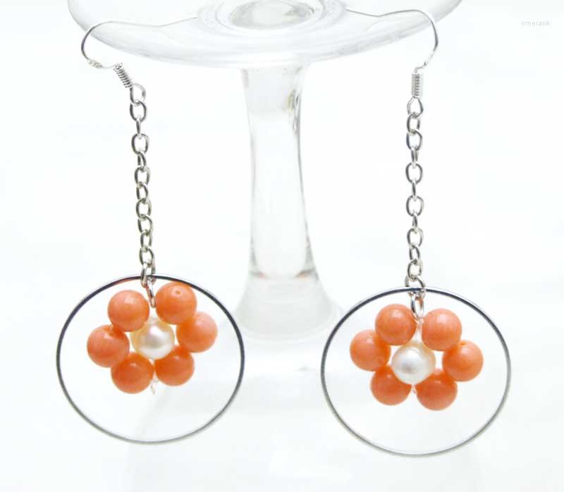 

Dangle Earrings Qingmos Fashion Natural White Pearl Earring For Women With Pink Coral Beads 28mm Round Metal Hoop 2.5'' Jewelry