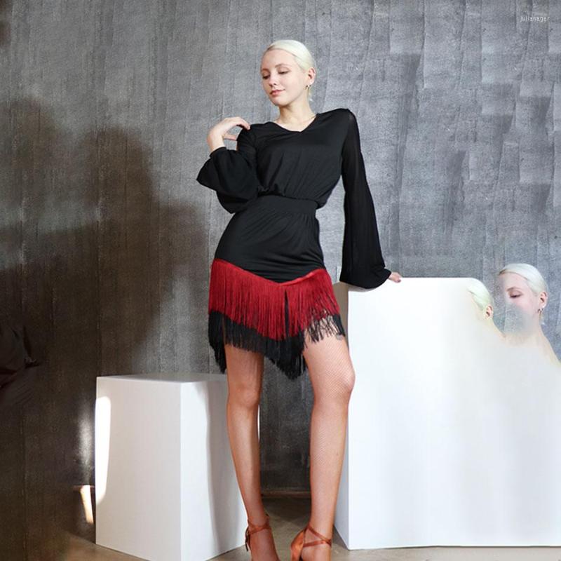

Stage Wear 2023 TL661 Latin Dance Dress Women Patchwork Red And Black Tassel Dancing Performance For Ballroom Samba Tango