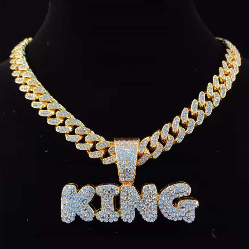 

Men Hip Hop KING Letters Pendant Necklace with 13mm Miami Cuban Chain Iced Out Bling HipHop Necklaces Male Charm Jewelry